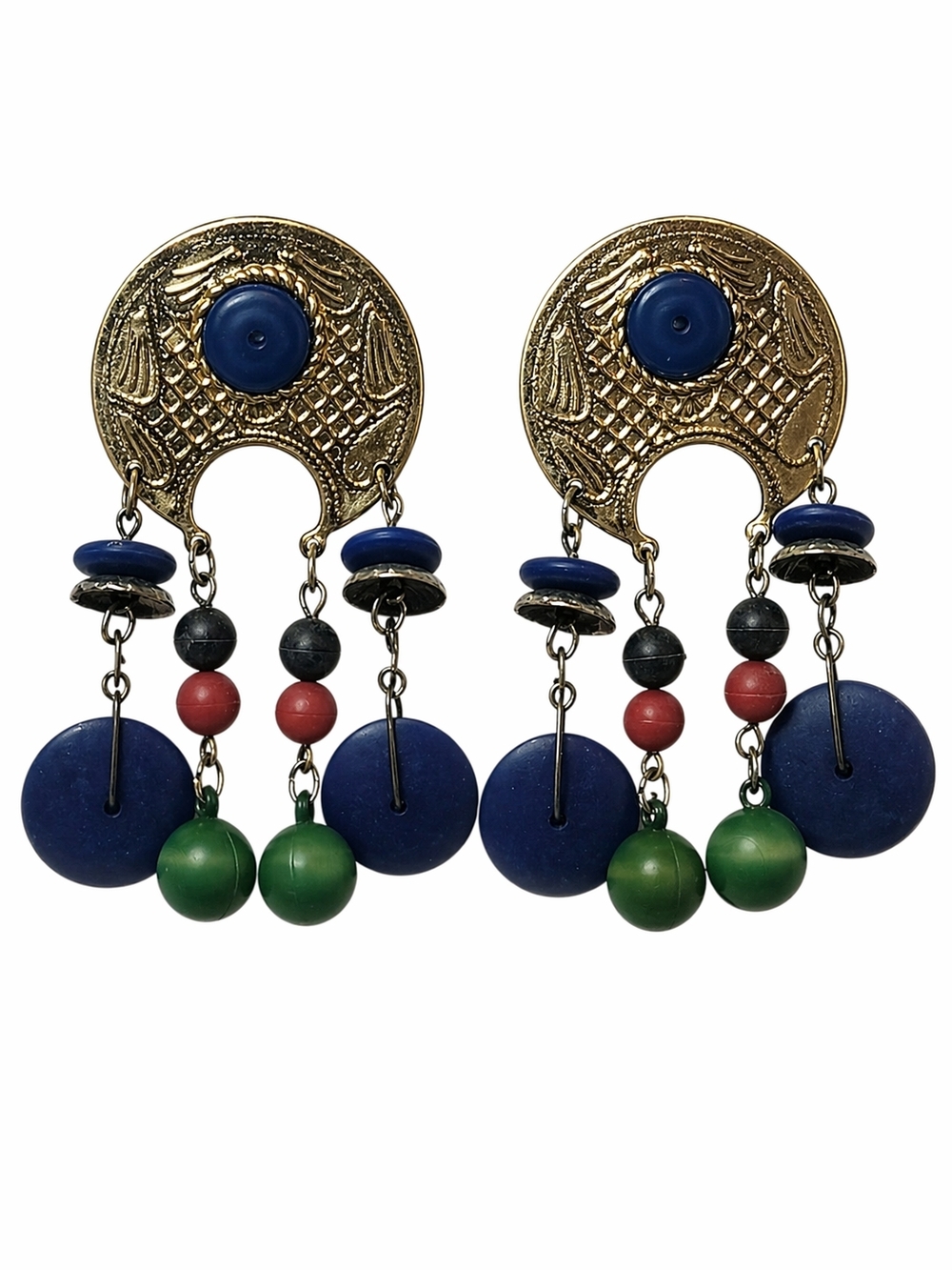 Vintage Colorful Acrylic Bead Tribal Statement Earrings Gold Tone Boho 80s
